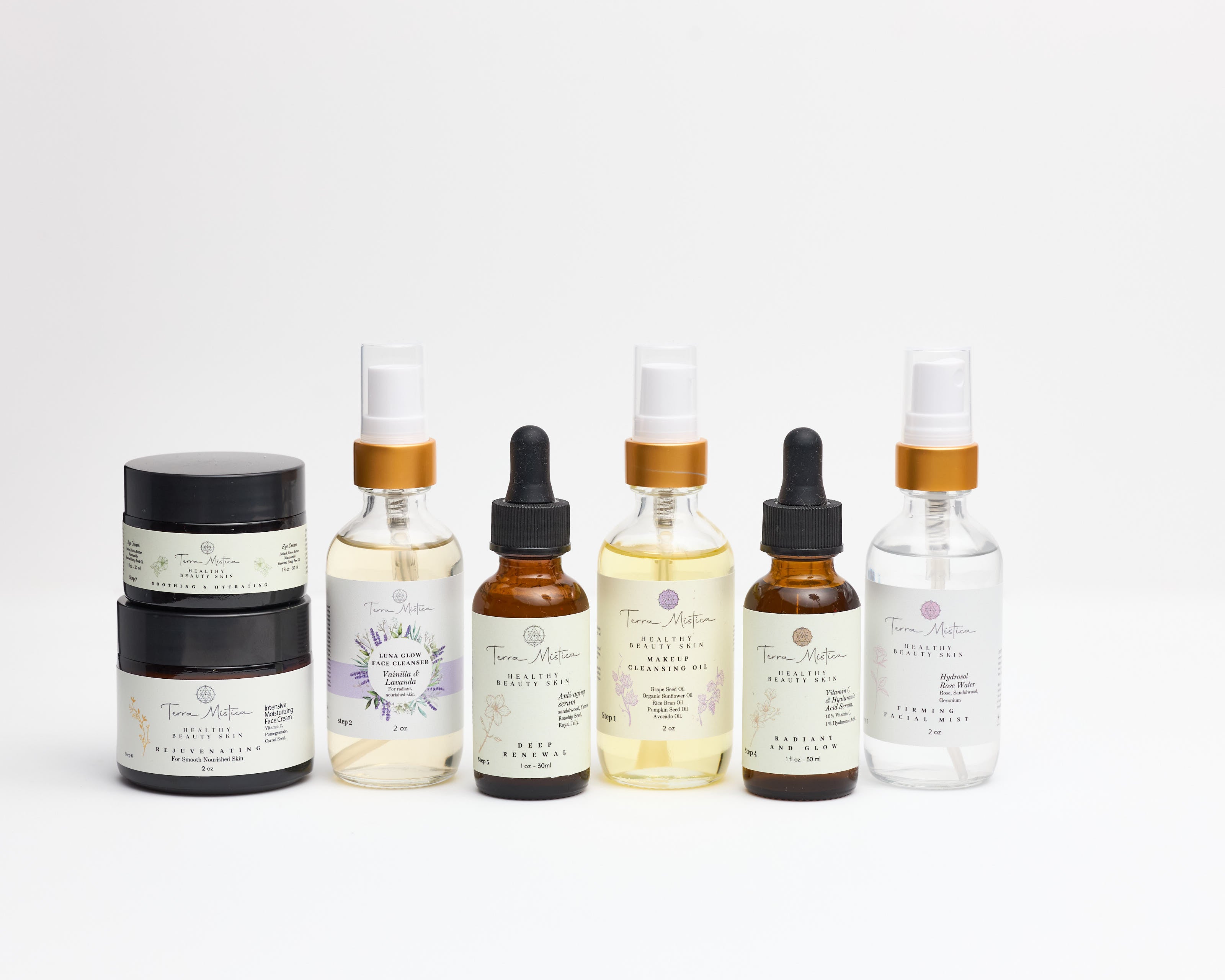 Complete 7-step skincare routine kit by Terra Mistica — natural serums, facial oil, and cream for glowing skin
